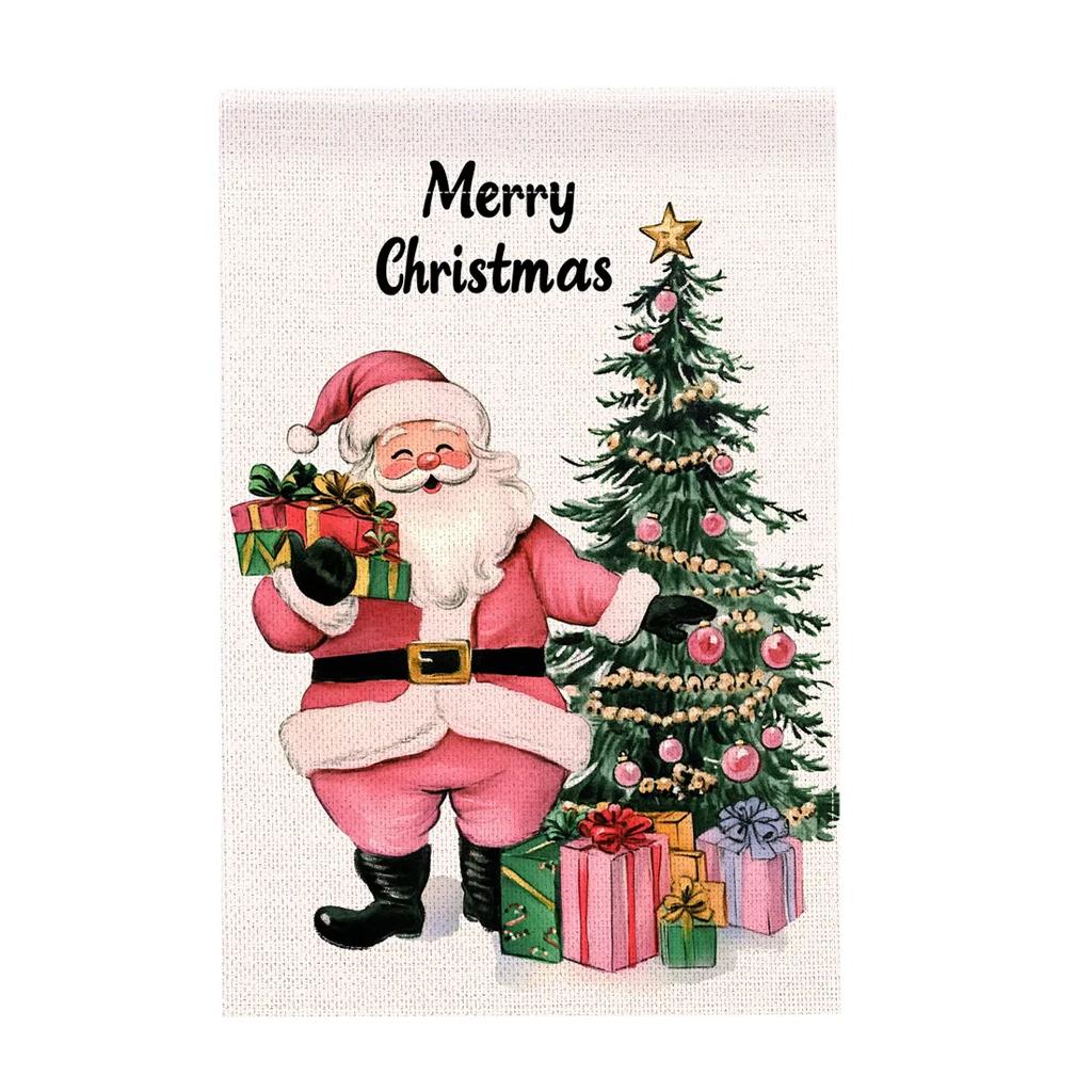 Merry Christmas Hanging Flags Garden Flag Banner Santa Claus Double-sided Printing Faux Linen Flags Home Garden Decoration