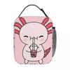Cute Axolotl Milk Tea Print Insulated Lunch Bag for Women Children Portable Food Boxes Thermal Lunch Box Tote