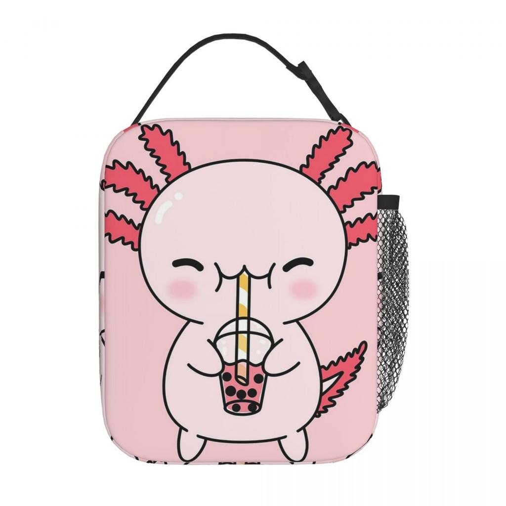 Cute Axolotl Milk Tea Print Insulated Lunch Bag for Women Children Portable Food Boxes Thermal Lunch Box Tote