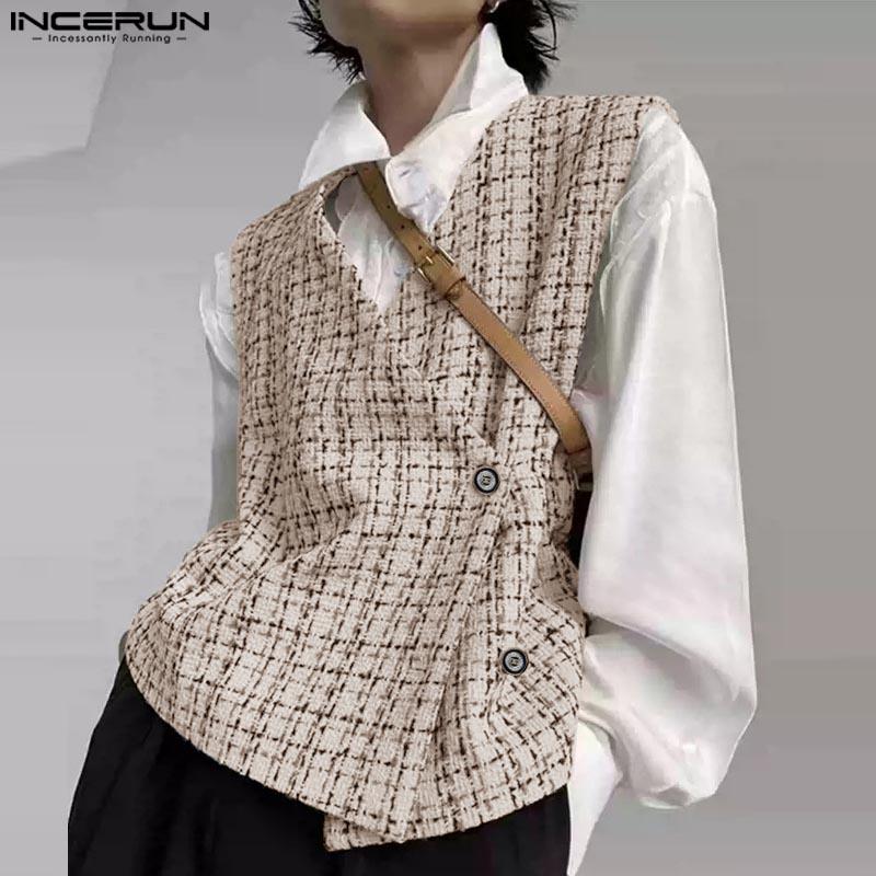 INCERUN Men V Neck Front Cross Sleeveless Waistcoat Texture Plaid Vest Coats