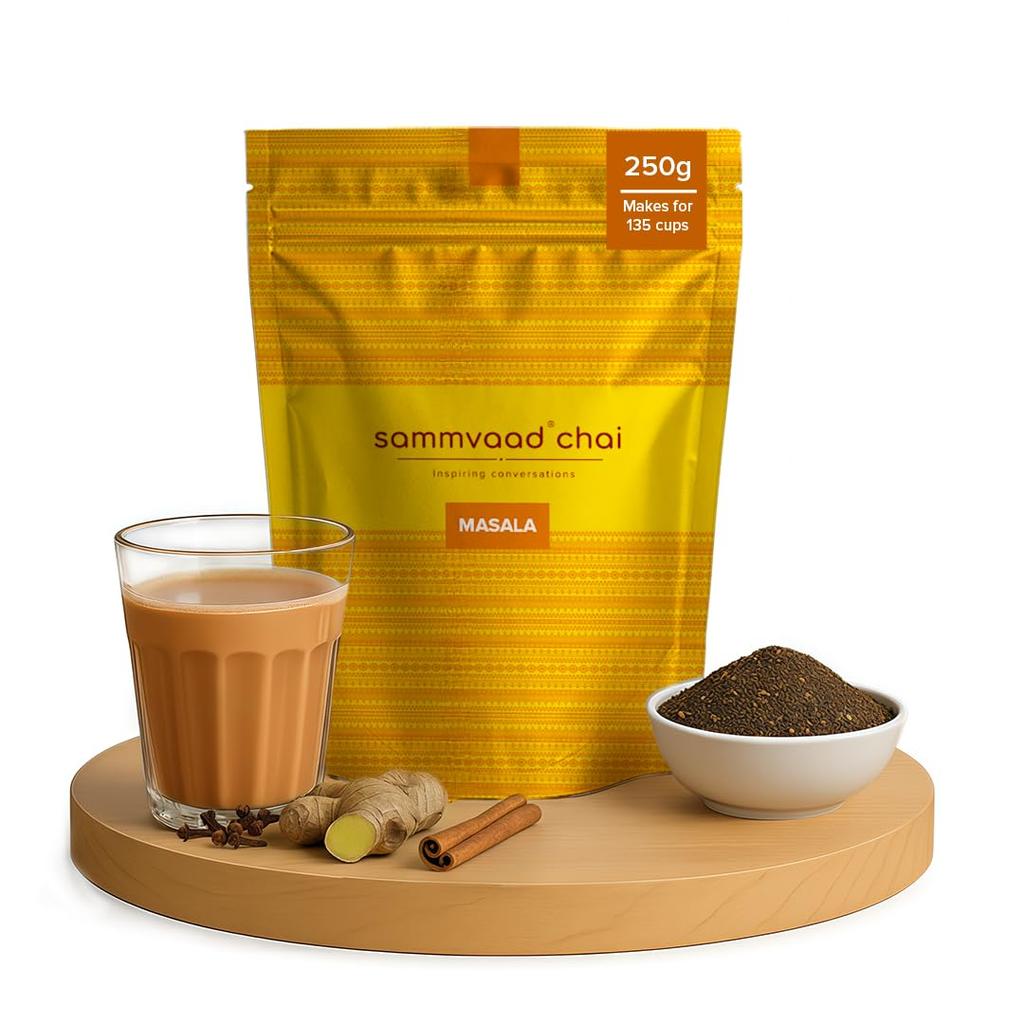 Sammvaad Masala Chai - 250g | Kadak Assam CTC Tea with Ginger & Cardamom | Strong & Aromatic | Makes 135 Cups | Freshness Sealed Pack