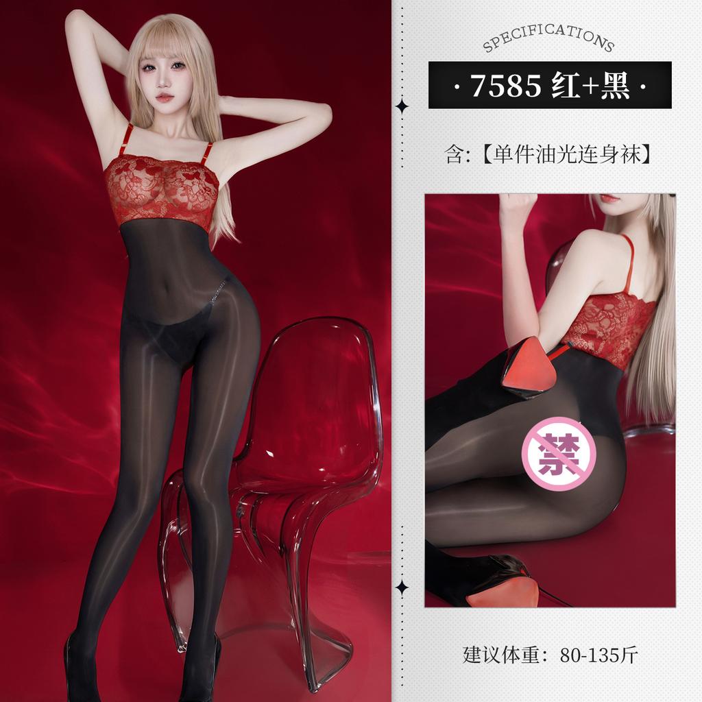 Feimu Lace Jumpsuit Tube Top See-through Open Crotch Glossy Bodystocking Temptation Sexy Women Rompers Clothing Body Suits YOZ8