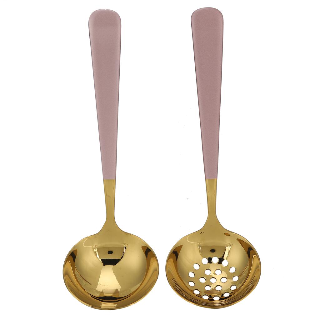 2PCS Stainless Steel Soup Spoon Slotted Spoon Skimmer Cutlery Tableware Sets Kitchen UtensilPink