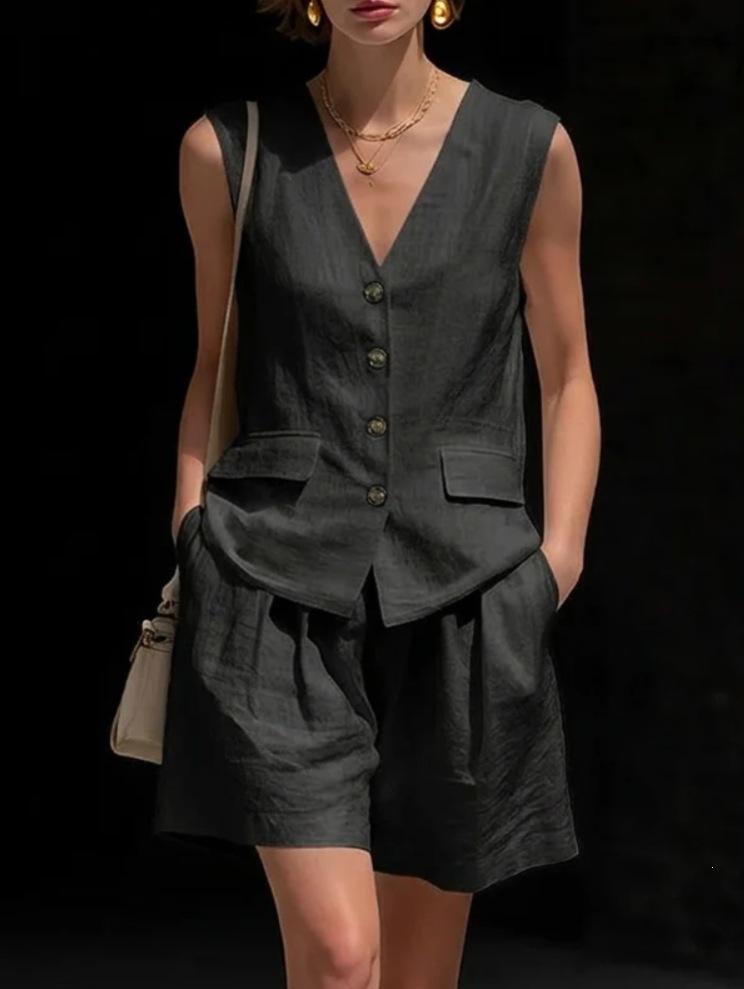European-American Style Women's Cotton-Linen V-Neck Sleeveless Vest and Shorts Summer Set