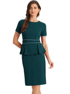 Allegra K Damen Midi-Kleid, Etuikleid, Rundhalsausschnitt, Schößchen, Rüschen, Knielang, Kurze Ärmel, Figurbetont, Blaugrün, Größe XL