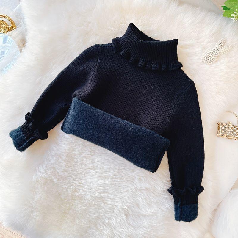 

Свитер для девочек с высоким воротником и кружевным воротником. Зимний цельный бархатный детский однотонный свитер с толстым бархатным свитером. 110 чёрный