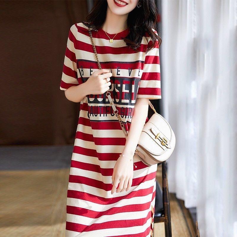 Women's Striped Print T-Shirt Dress - Summer Short-Sleeve Split Tunic Dress