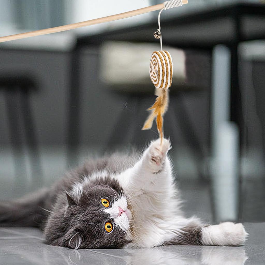 4-Piece Cat Toy Set Natural Feather Toy and Solid Wood Cat Toy with Bell. Ideal for Indoor Sports. Cat Toys Help Your Cat Relieve Stress and
