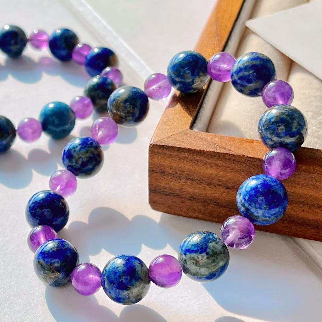 Vintage 12Mm Lapis Lazuli Amethyst Design Sense Contrasting Color Bracelet Bracelet