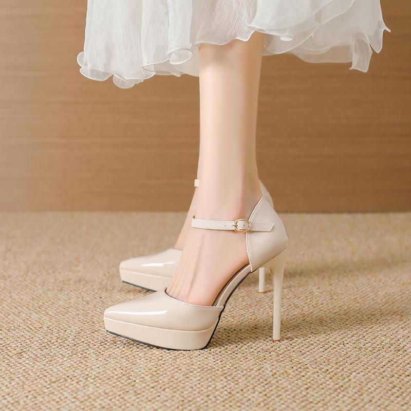 721-3 Black Patent Leather 12cm Stiletto Heels, Pointed Toe, Waterproof Platform, Fashionable Nightclub/Work Shoes for Women.