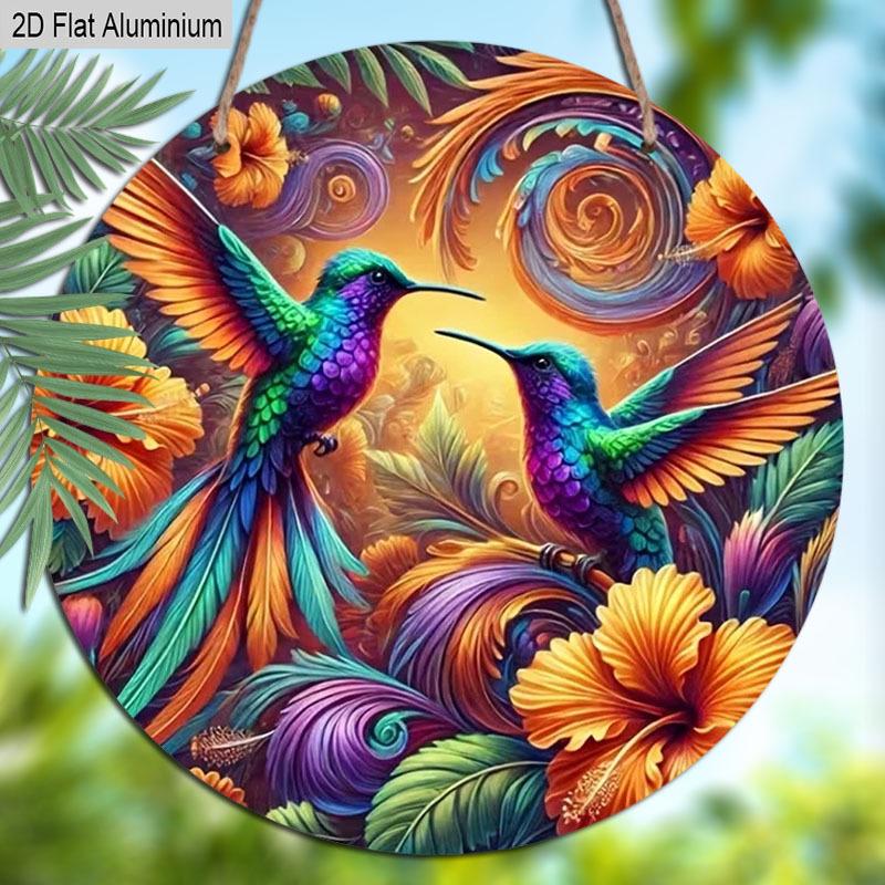 2D Flat 1pc Vintage Colorful Hummingbird Aluminum Sign Round Ornament, Home Office Garden Courtyard Living Room Balcony Decor, Indoor/Outdoor Door