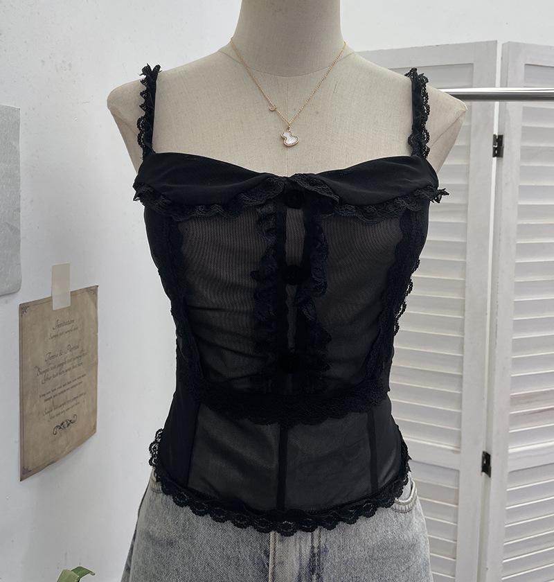 

Real Shot Lace Mesh Camisole: Doll Collar, Tie Chest Pad, Open Back, Ruched Sleeveless Top One Size чёрный
