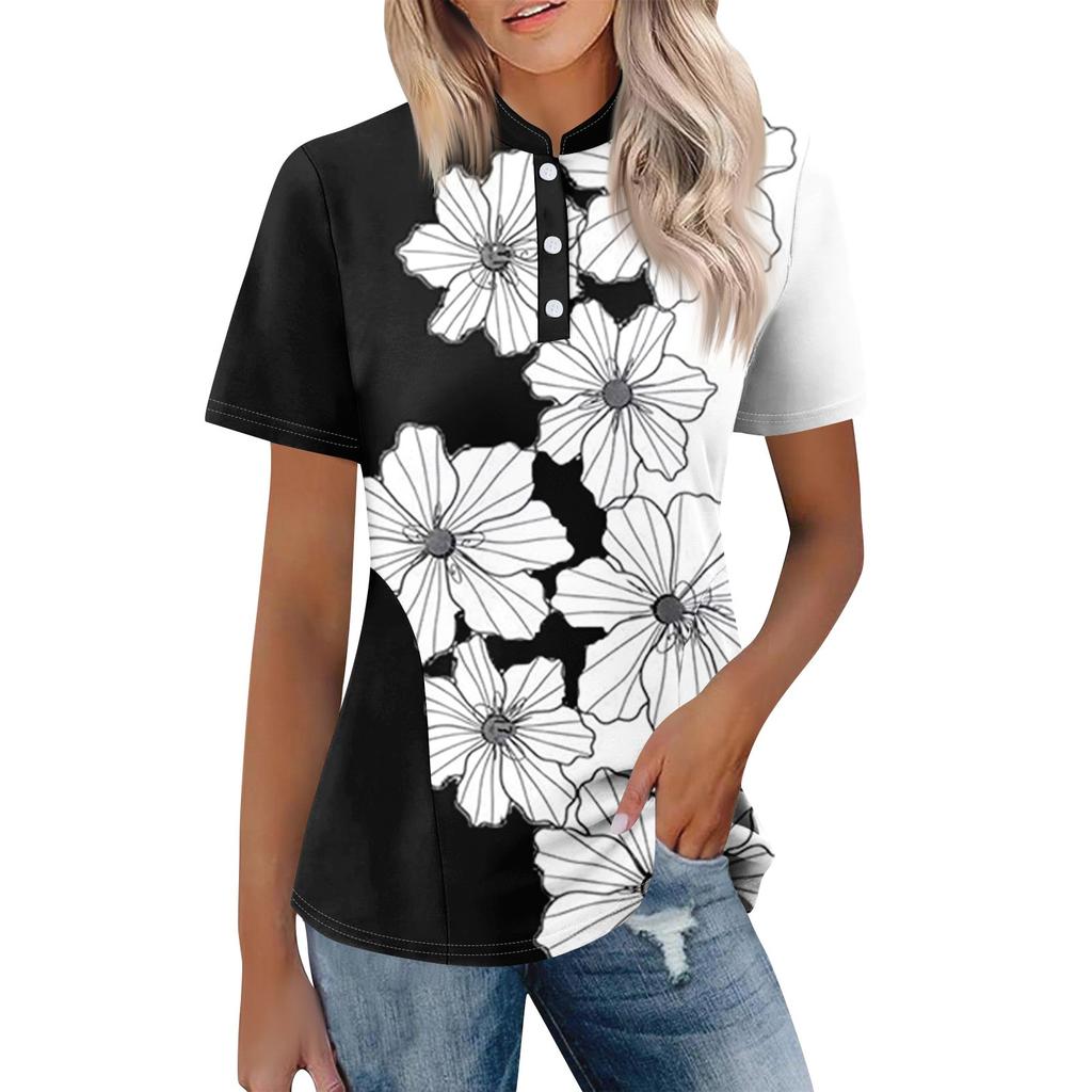 Women's Casual Floral Print V-Neck Short Sleeve Decorative Button T-Shirt Top