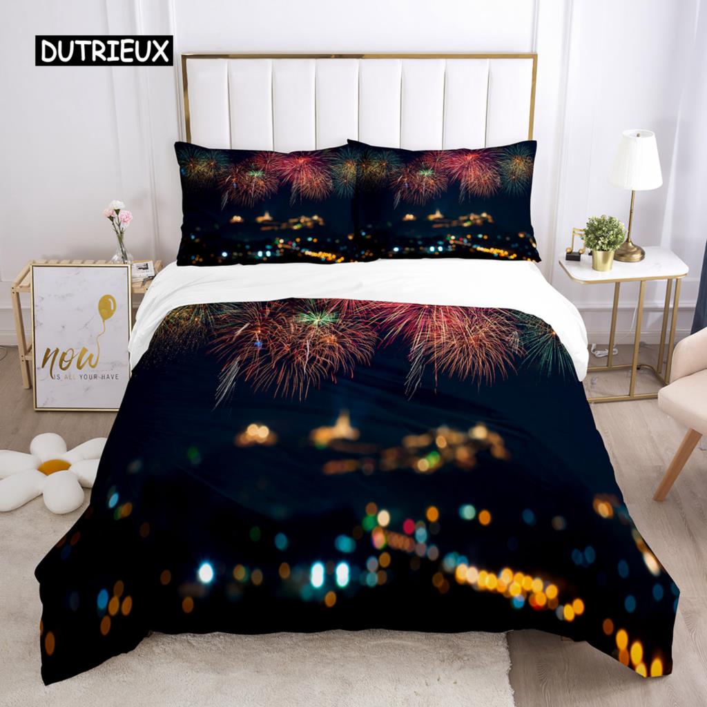 Firework Duvet Cover Set Queen Size Colourful Fires Bedding Set Microfiber Celebrate Merry Christmas Theme Soft Comforter Cover