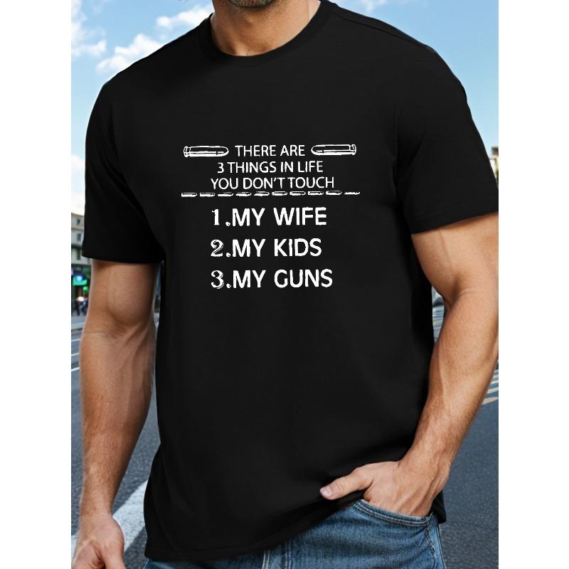 

Trendy Crew Neck Short Sleeve T-shirt For Men, Comfort And Fashion Fit, Stylish Summer Top With My Wife My Kids My Guns Letter Print For Daily Wear 4XL чорний