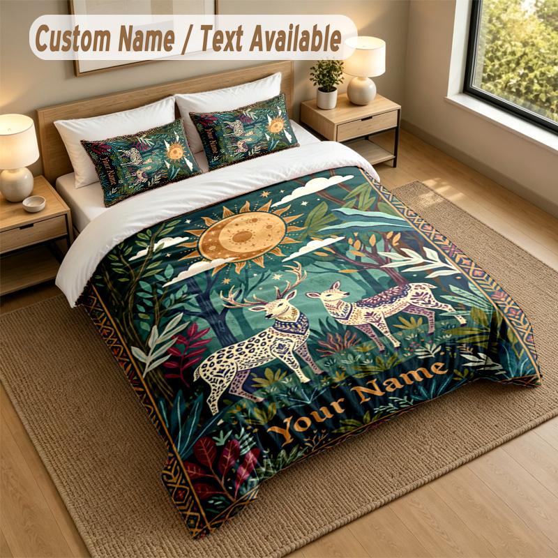 Deer Theme Personalized 3Pcs Bedding Set Custom Text & Name 1 Sheet 2 Pillowcases Household Bedding 1pc