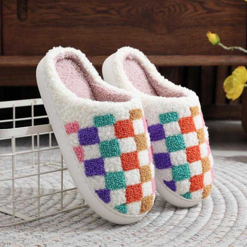 Fashion Rainbow Plaid Couple Cotton Slippers Lightweight Soft Sole Winter Home Slippers Women Indoor Bedroom Flat Non Slip Plush Slides