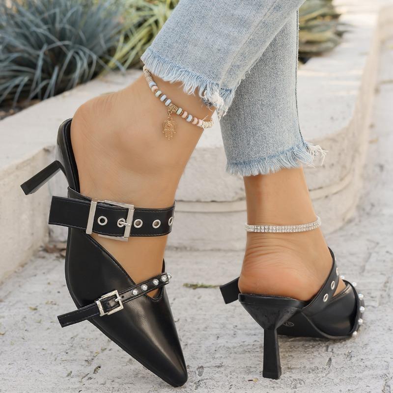 Fashion Summer New Sandals for Women Fashion Pointed Head Shallow Mouth Rivets Metal Buckle A Slip-on Wear-resistant Stiletto Heels