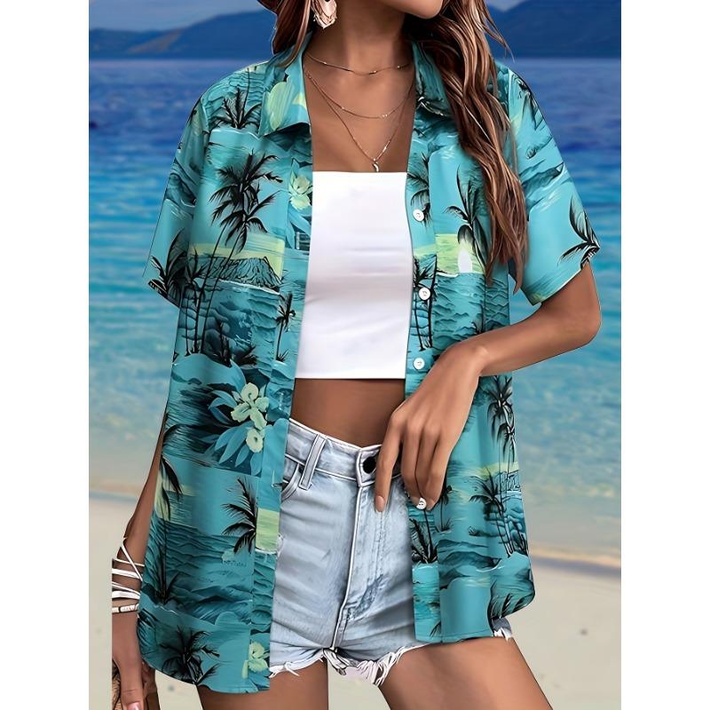 

Fashion Women s Hawaiian Coconut Tree Print Tops Short Sleeve Lapel Casual Button Shirt Summer Women s Hawaiian Shirt XL