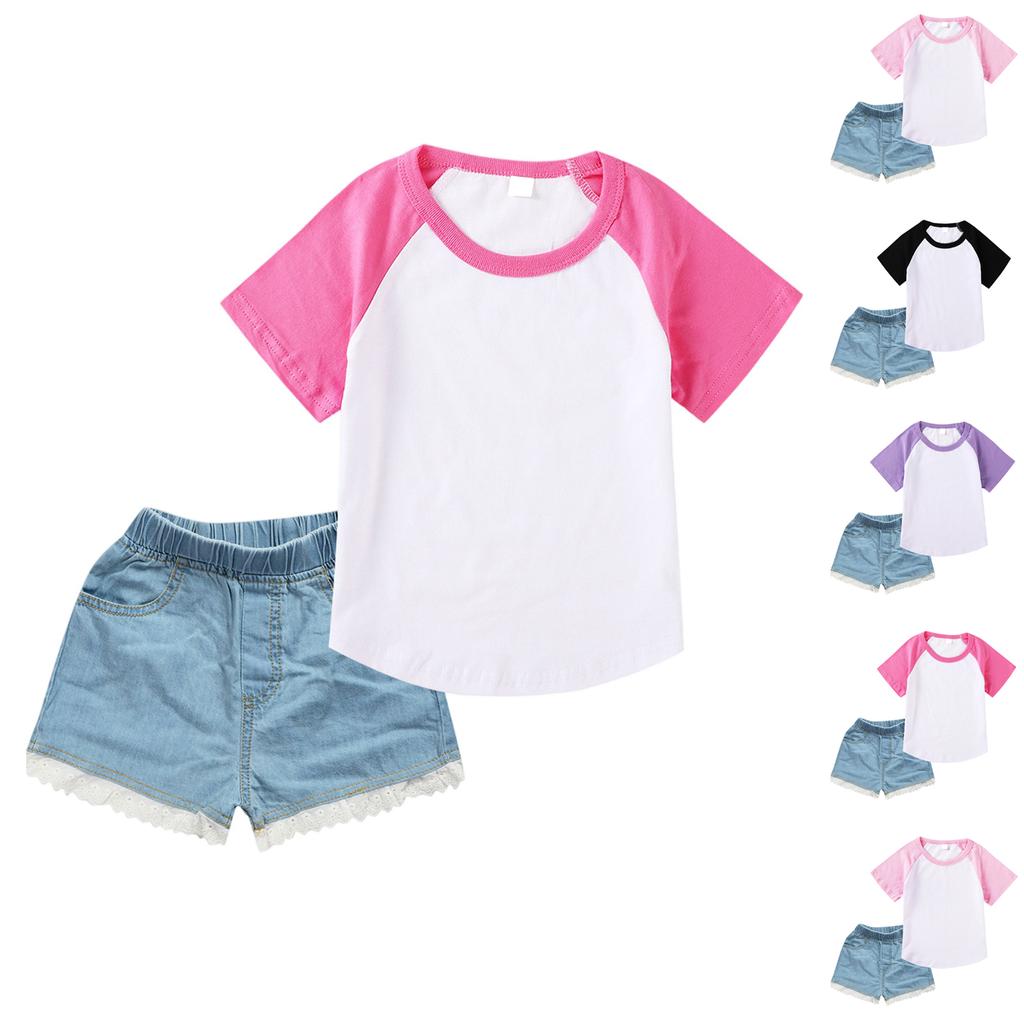 Girls' Raglan Set , Short Sleeve Top & Denim Shorts
