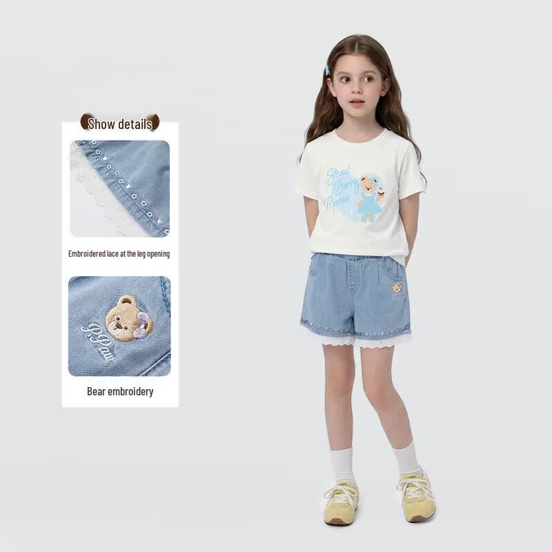 PawinPaw Girls' Cartoon Bear Denim Shorts