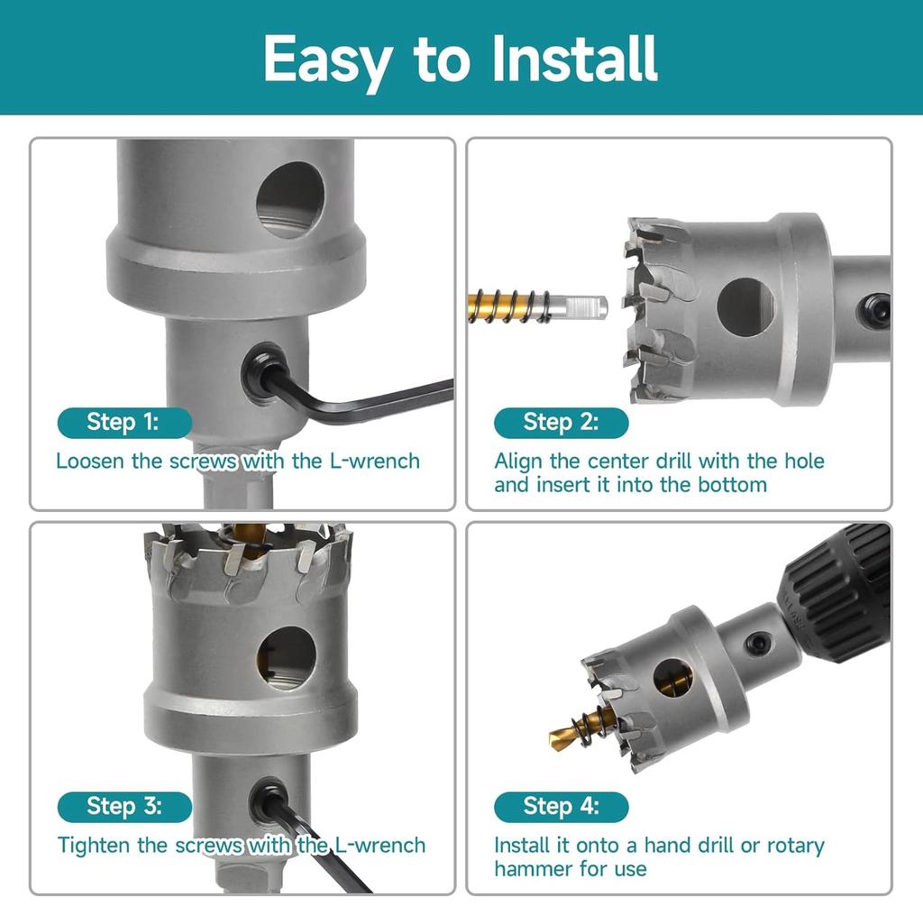 6Pcs TCT Hole Saw Kit, Triangular Shank Metal Steel Hole Saw Drill Bits, Upgrade Heavy Duty Carbide Hole Cutter with a Center Drill & 2Pcs L-Wrench,