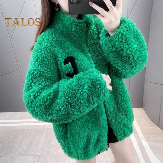 Winter Lady Coat Thickened Double-sided Faux Fleece Solid Color Stand Collar Neck Protection Letter Decor Long Sleeves Keep Warm Outdoor Travel