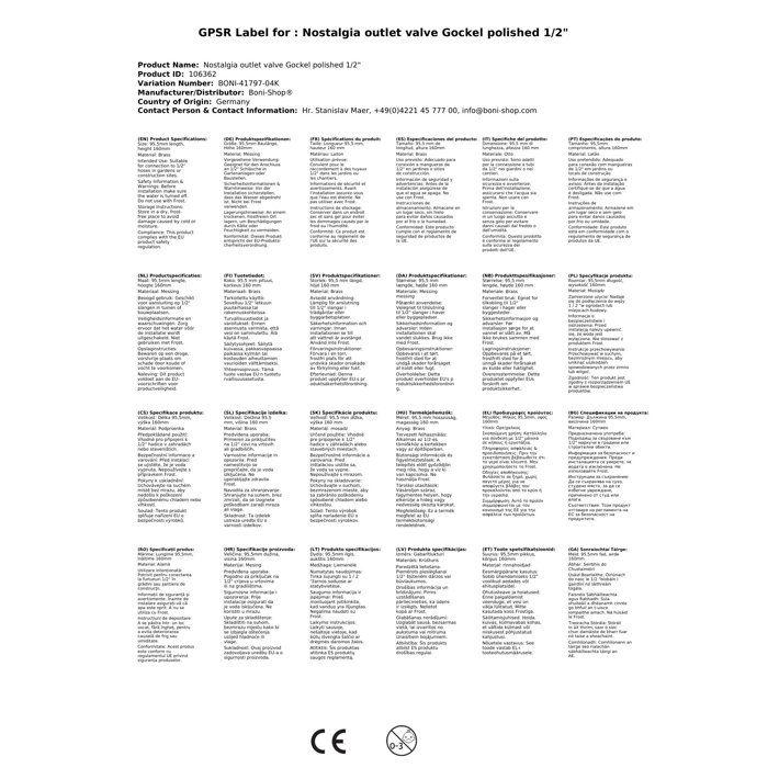 Robinet de sortie nostalgique Gockel poli 1/2"