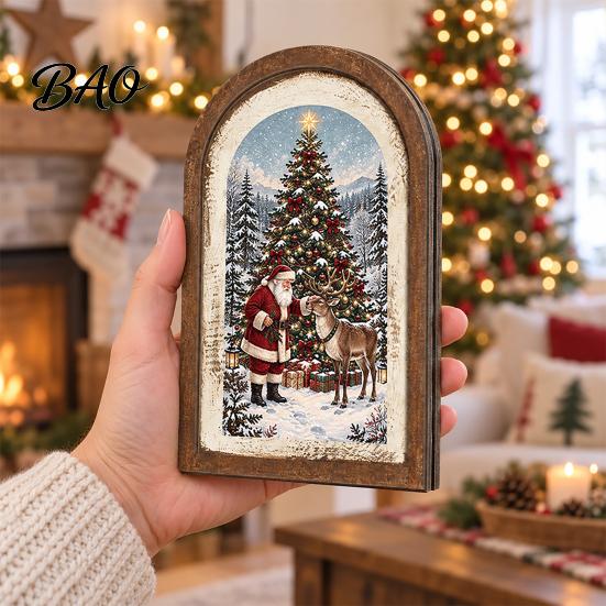 Indoor Christmas Ornament Set Vintage Arched Wooden Photo Frame with Illustration, Retro Distressed Wall Art for Holiday Tabletop Desktop And
