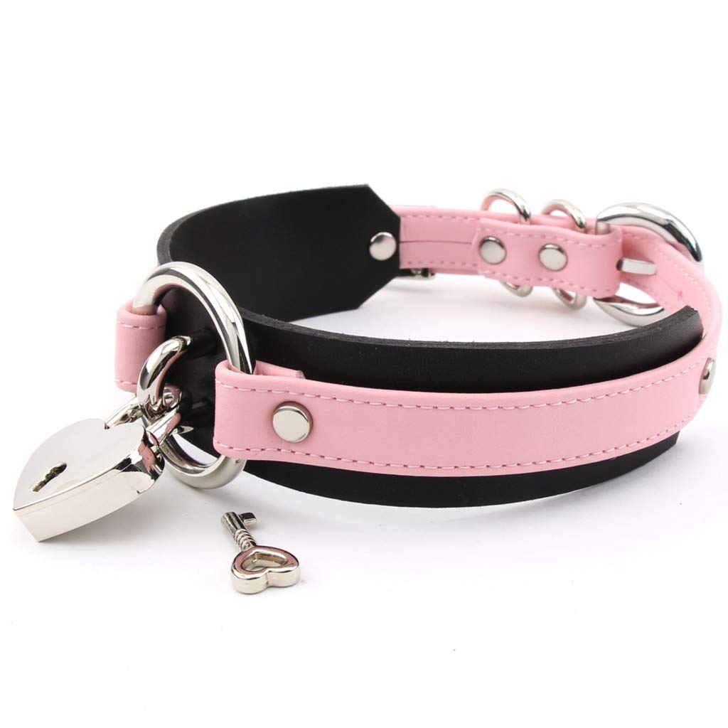 Choker Heart Collar Padlock Ring PU Leather (Pink Black & Silver)