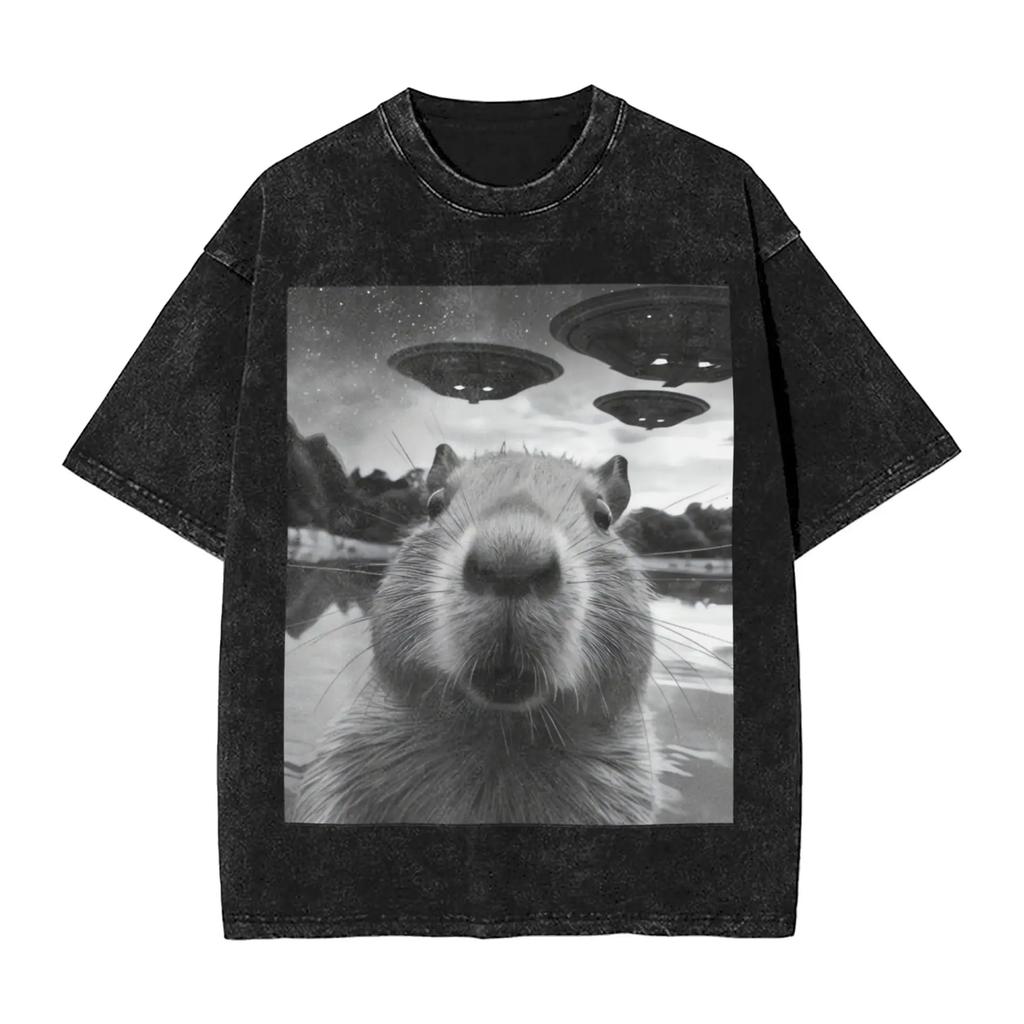 Vintage Washed T Shirt Funny Graphic Capybara Selfie with UFOs Weird Cotton T Shirts Popular Tshirt for Man Summer Top Tee