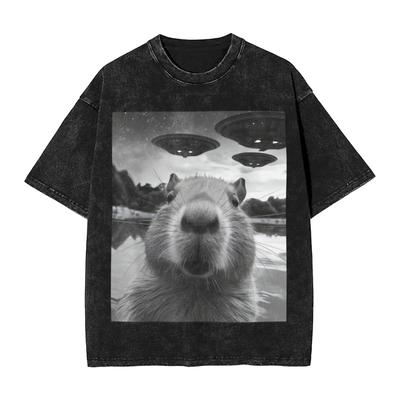 Vintage gewaschenes T-Shirt Lustige Grafik Wasserschwein Selfie mit UFOs Seltsame Baumwoll-T-Shirts Beliebtes T-Shirt für Männer Sommer Top T-Shirt