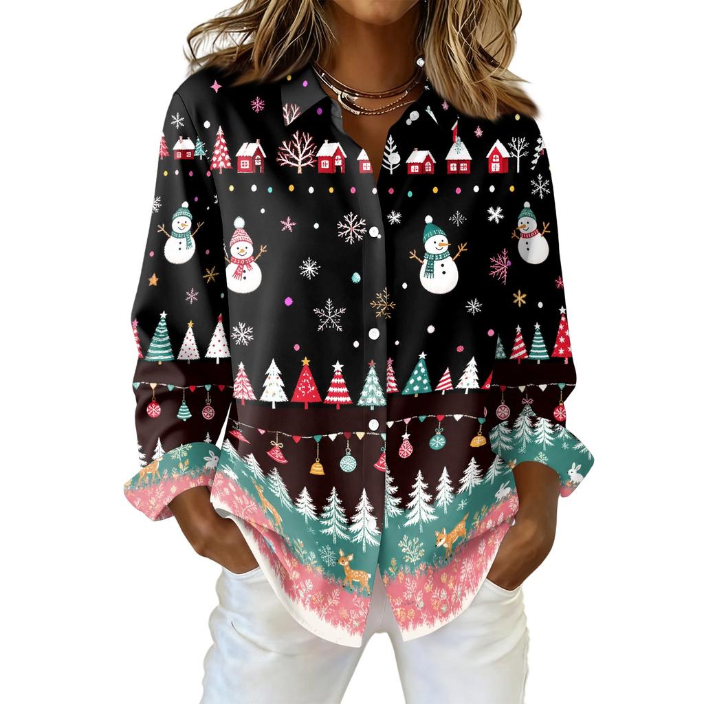 Women's Casual Christmas Print Long Sleeve Button Down Shirt with Fit