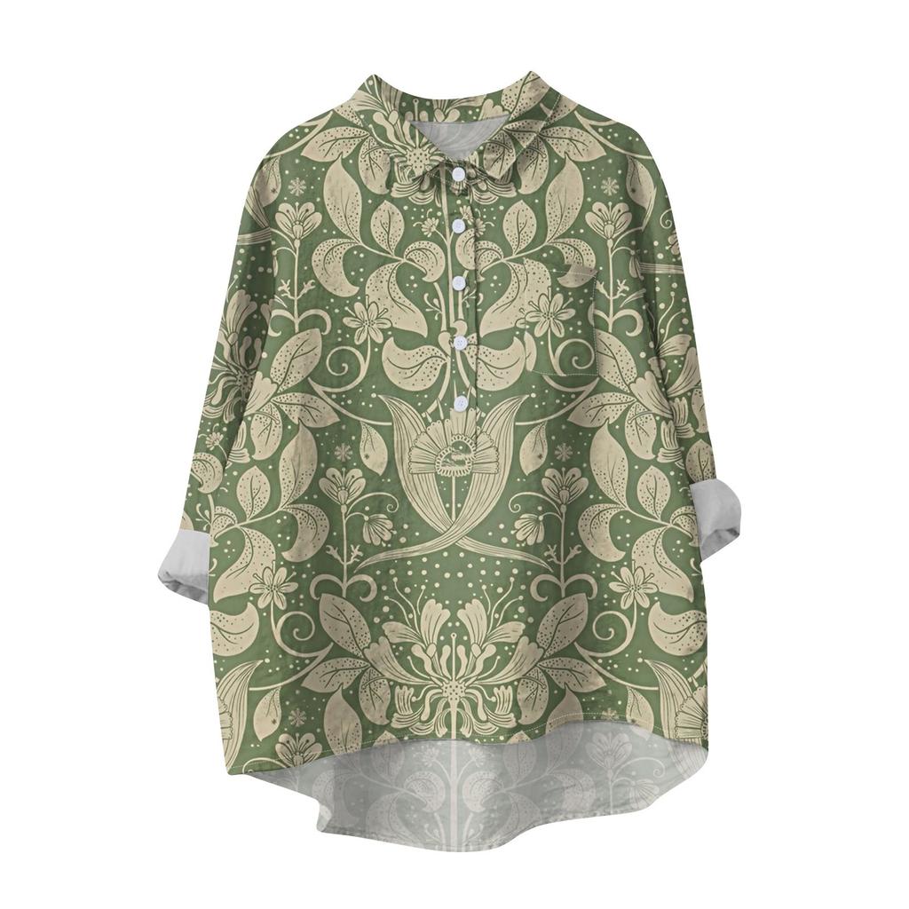 Women's Shirt Blouse Long-sleeved With Buttons Print Casual Hem Irregular Shirt Collar Top