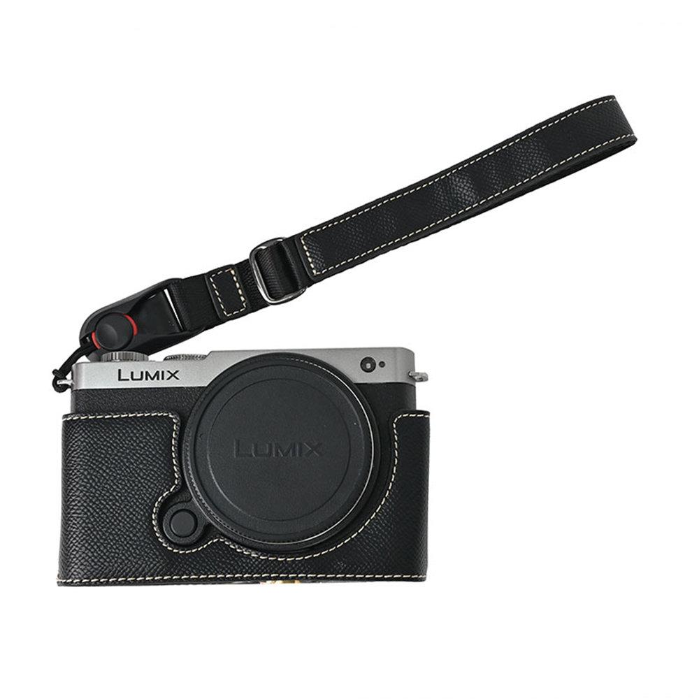 Palm Print PU Leather Camera Half Body Case For Panasonic Lumix S9 Battery Opening Bottom Cover With Strap