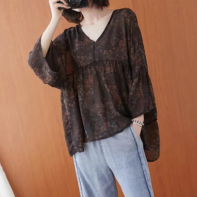 Camiseta de Verano Retro Floral para Mujer Manga Siete Minutos Cuello en V Holgada y Cómoda Tops con Protección Solar