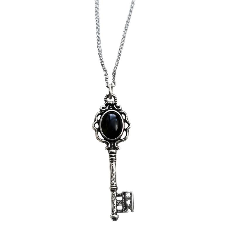 Gothic Moonstone/Black Stone Pendant Necklace With Skull Key Charm For Women Trendy Jewelry Accessory