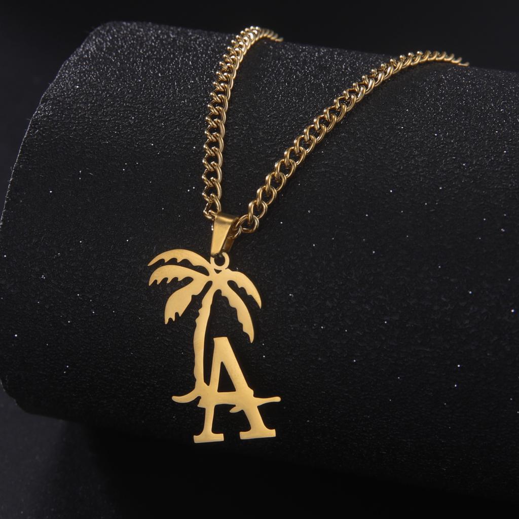 Cazador Coconut Tree Pendant Necklaces for Men Women Jewelry Stainless Steel Letter A Neck Chain Necklace Wedding Gift Wholesale