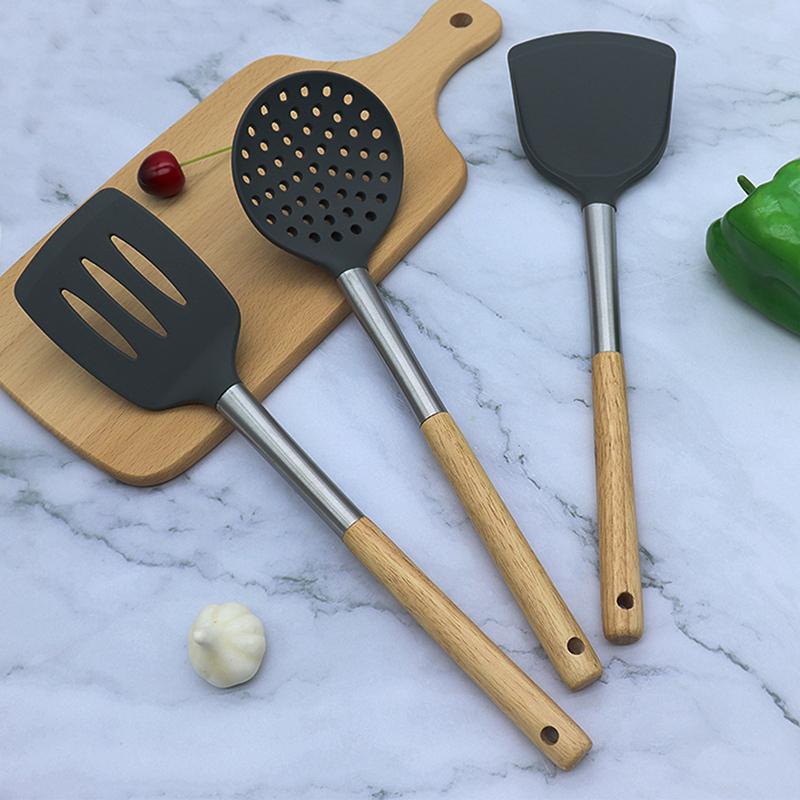 Silicone Kitchenware Non-Stick Heat-Resistant Cookware Kitchen Utensils Set Spatula Shovel Spoon Wooden Handle Cooking Tool Set