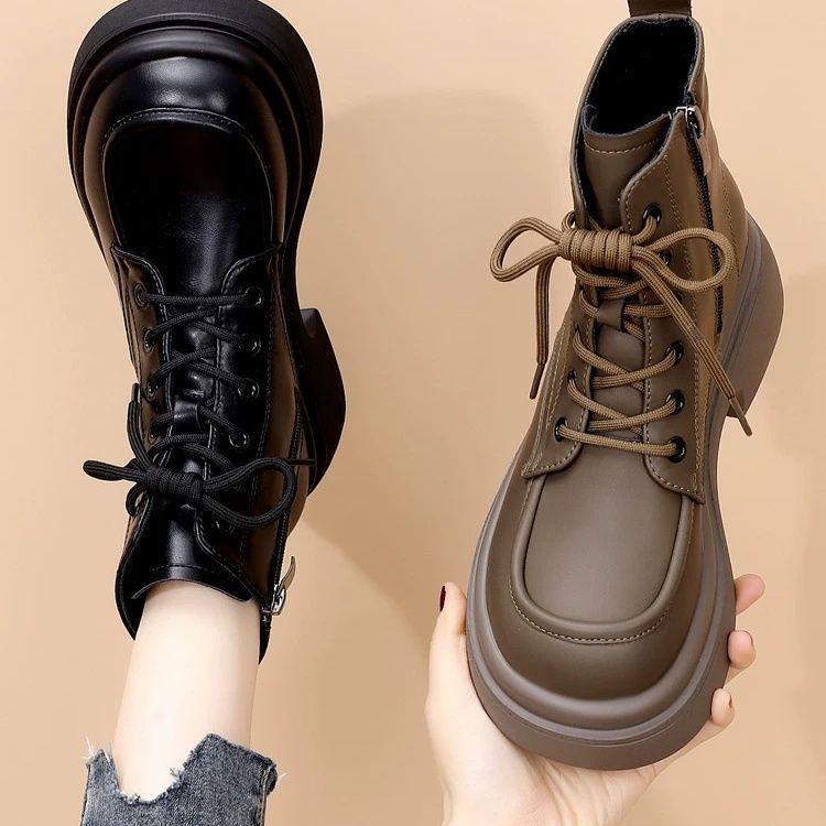 Women's Autumn/Winter Soft Leather Martin Boots, British Style, Mid Heel, Plus Cotton, Thick Sole, Versatile Ankle Boots