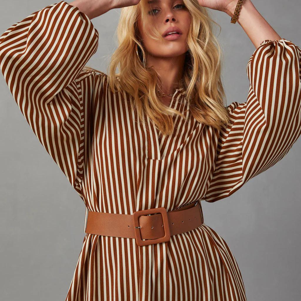 2025 Spring Autumn Elegant Stripe Women's Long Dresses With Belt Long Sleeve V-neck Casual Oversized Irregular Dress Female Robe