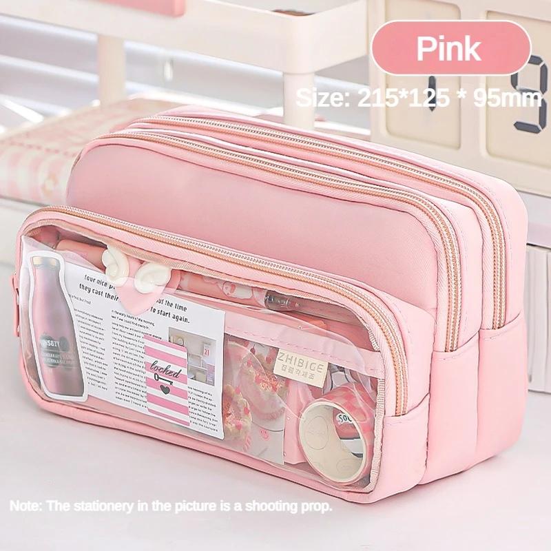 New Transparent Pencil Case Large Capacity Simple Pencil Case Multifunctional Student Stationery Storage Bag розовый