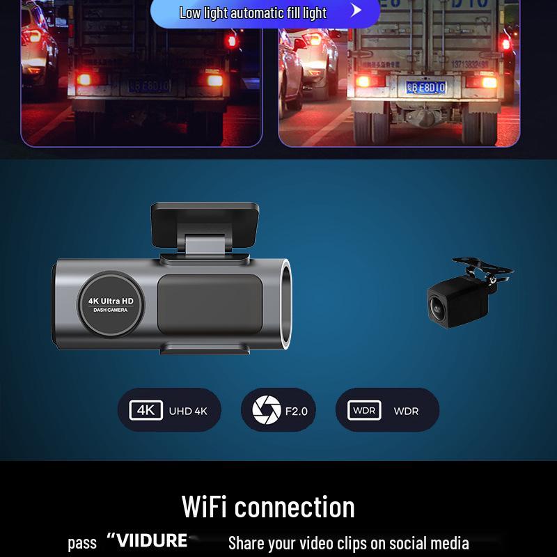 4K Dash Cam with Night Vision, Wireless Phone Connection, Front/Rear Dual Camera, and Reversing Image Monitoring.