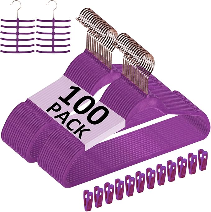 100-pack Premium Velvet Hangers Non-slip Space-saving with 12 Clips 2 Tie Racks Heavy-duty Pink Suit Clothes Hangers