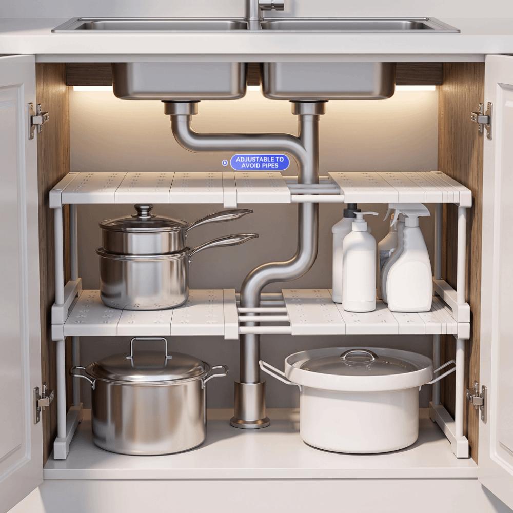 Expandable Cabinet Storage Rack Stackable Telescopic Sink Holder Bathroom Accessories