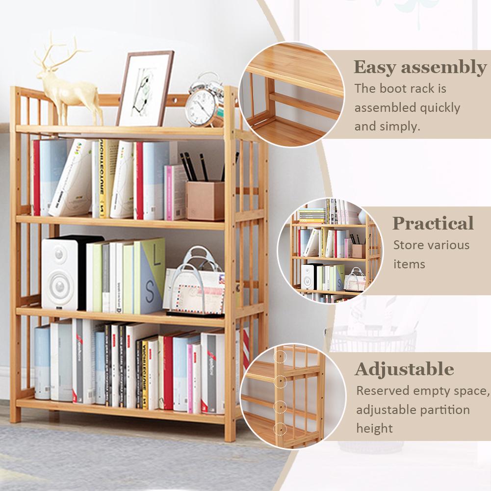 4-Tier Bamboo Bookshelf Multi-Function Storage Shelves Reusable Free-Standing Display Rack for Bathroom Kitchen Living Room