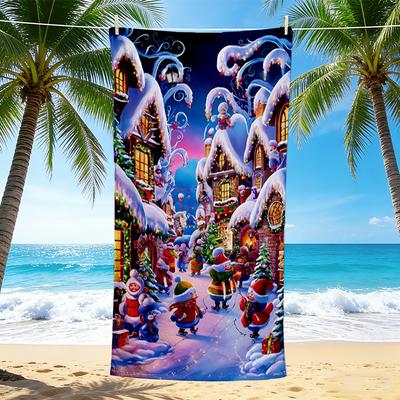 1Pc Christmas Village Night Beach Towel, Quick Dry, Multi-Use for Beach Pool Gym Yoga Home Travel, Christmas, Halloween, Xmas Gift S208