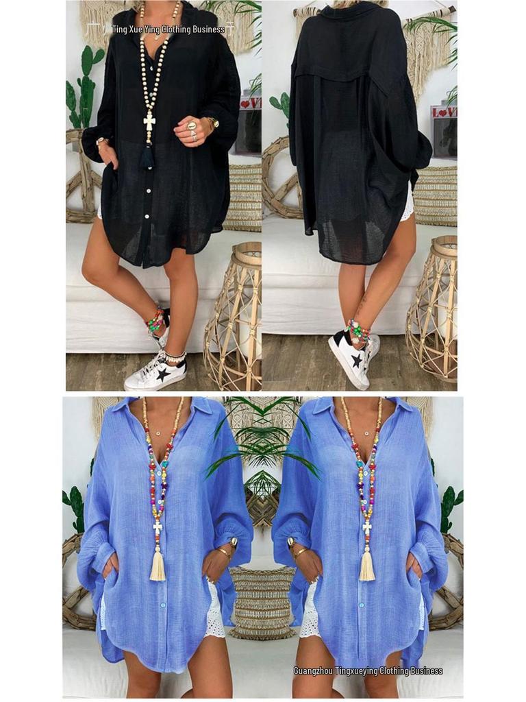 Plus Size Women's Cotton & Linen Long Sleeve Casual Button-Up Shirt