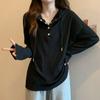 Women's Spring and Autumn Loose Long Sleeve Bottom Shirt Button Design Hooded Sweatshirt