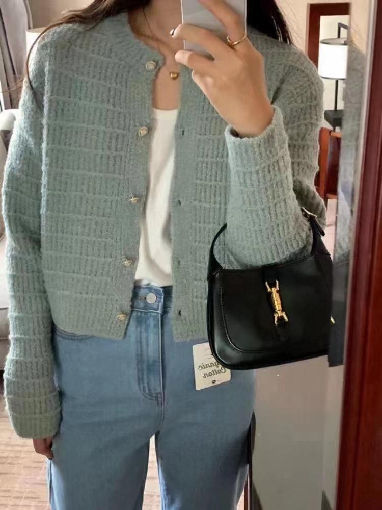 New autumn retro small fragrant wind round neck textured woven cardigan loose long-sleeved sweater women's knitted outer fit